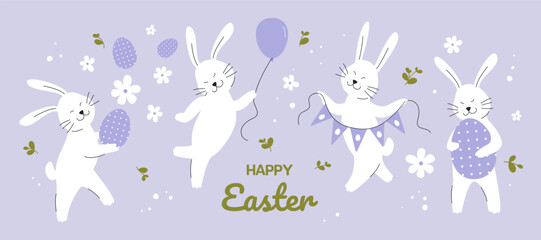 Fototapeta premium Happy Easter banner with Playful Bunnies. Rabbits, Easter Eggs, floral elements. Festive design for spring celebrations, greeting cards. Flat Vector illustration 