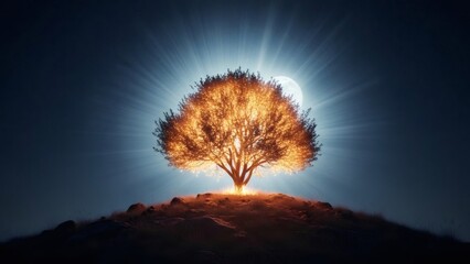 Burning bush with glowing leaves on a hill at night, bathed in moonlight. Spiritual concept of divine revelation for religious narrative.