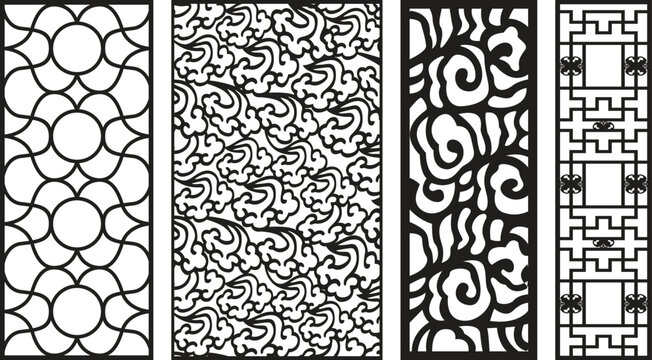 Black and white intricate jali patterns with geometric and floral