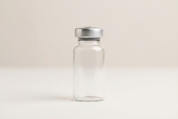 A single, clear, empty medical vial with a silver cap stands isolated on a plain light background.