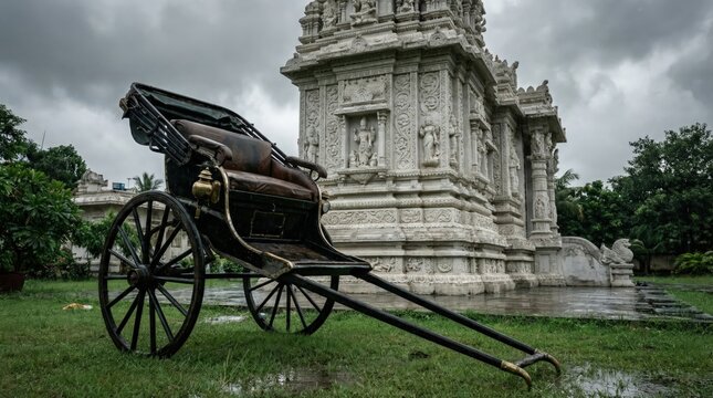 Black auto-rickshaw in front of white temple