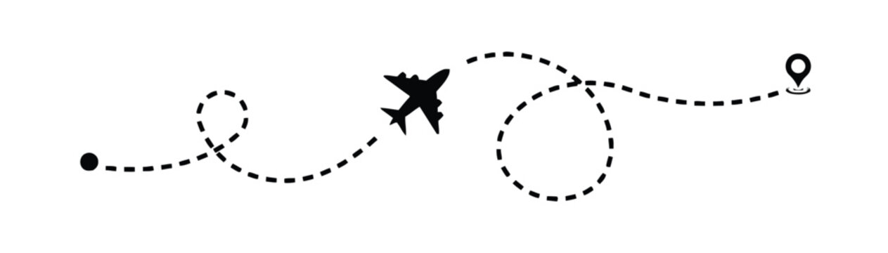 Flight path with airplane or aircraft to reach destination point of international travel and business trip by air transportation to vacation in summer