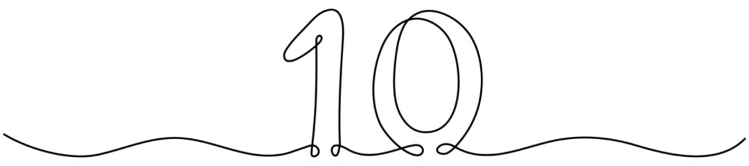 Continuous line drawing number ten in single stroke style. Hand drawn mathematical symbol. Ideal for modern educational materials and minimalist graphic design. Vector illustration isolated.