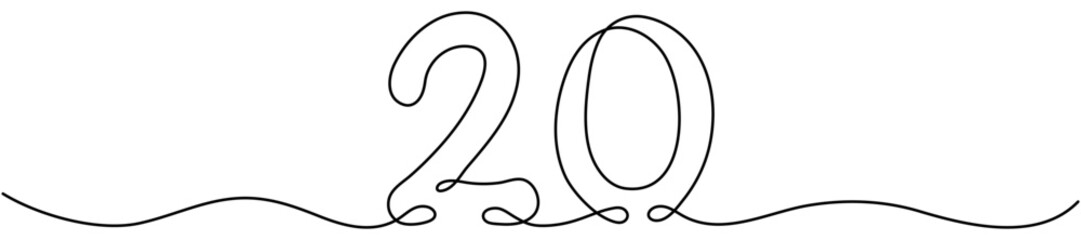 Continuous line drawing number twenty in single stroke style. Hand drawn mathematical symbol. Ideal for modern educational materials and minimalist graphic design. Vector illustration isolated.