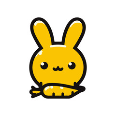 Cute cartoon yellow bunny holding a carrot, set against a simple white background, ideal for children's illustrations