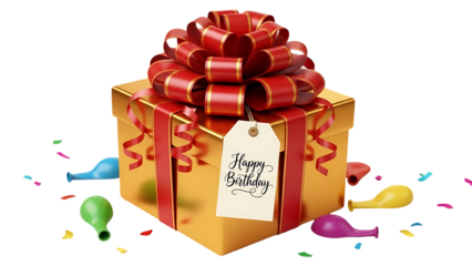 A gold gift box with a red bow isolated on transparent background