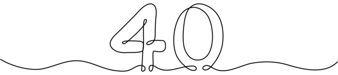 Continuous one line drawing number forty in single stroke style. Hand drawn mathematical symbol. Ideal for minimalist graphic design. Vector illustration isolated.