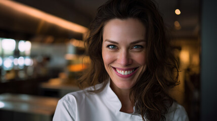 energetic female chef smiling in modern kitchen, confident professional woman chef in contemporary restaurant kitchen, approachable female cook with natural beauty and positive energy