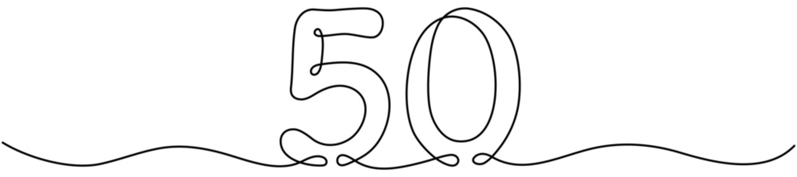 Continuous line drawing of number fifty in hand drawn style. Single unbroken outline sketch perfect for minimalist mathematical design. Vector illustration isolated on white.