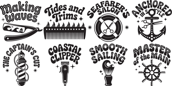 Nautical barber shop vintage emblems and logos collection