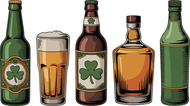 Irish Beer and Whiskey Bottle Set for St. Patrick's Day
