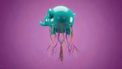 A colorful jellyfish with a shiny blue body and long tentacles floating against a purple background