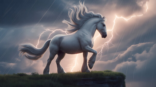 Magnificent white horse rearing on grassy cliff edge against dramatic stormy sky featuring lightning surrealism elements for epic fantasy book covers and powerful equine imagery