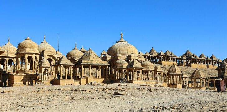 JAISALMER RAJASTHAN INDIA 02 13 2023: Vyas Chhatri cenotaphs here are the most fabulous structures in Jaisalmer, and one of its major tourist attractions.