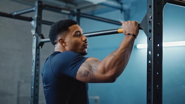 A man in a gym, performing pull-ups