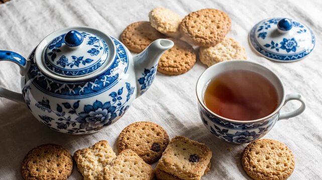 Tea Time Delight: A charming tea setting, featuring a delicate floral teapot and matching cup, accompanied by an assortment of delectable biscuits, invites a moment of tranquility and indulgence. 