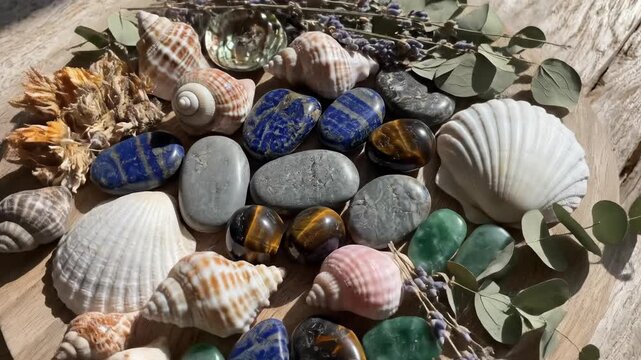 Coastal Treasures: A serene assortment of seashells, gemstones, and natural elements artfully arranged, evoking the calming essence of the seaside.