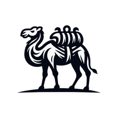 Stylized camel illustration with a saddle, symbolizing travel in a desert landscape