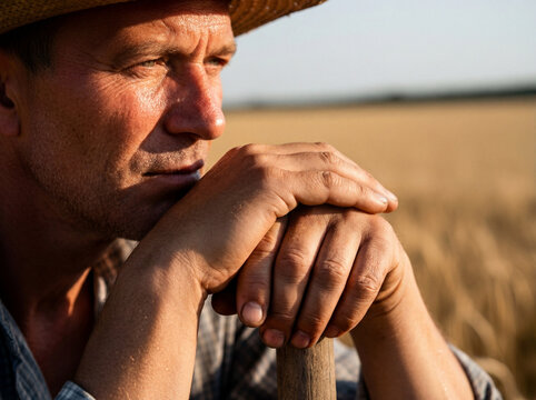 Sun-Drenched Field Worker Leaning on Shovel with Authentic Skin Texture