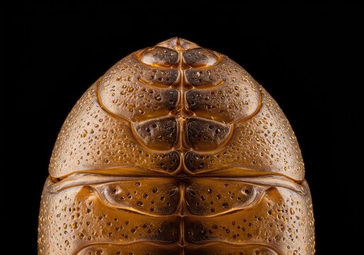 Examining the tough chitinous exoskeleton structure, revealing complex segmentation patterns and intricate details of a hardened outer shell ,hardened ,creature ,protection