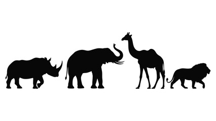 silhouette illustration depicting a rhino elephant giraffe and lion standing in a row © MDSAEEM