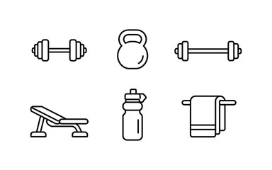 Collection of simple line art icons representing gym equipment and accessories for fitness
