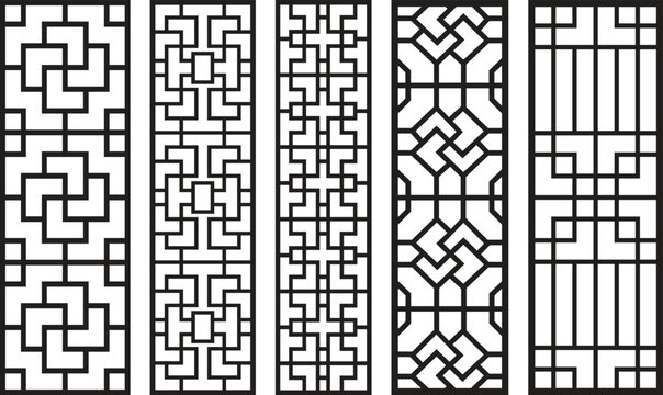 Black and white geometric jali patterns with intricate lattice