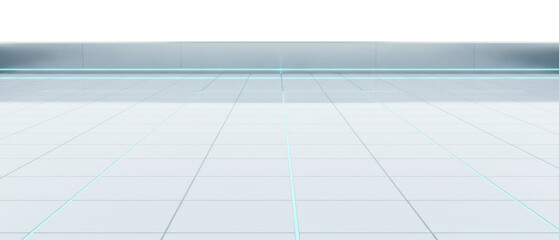 Futuristic White Laboratory Floor With Blue Light 3D displays clean surface reflection with neon grid lines and spacious room layout perfect for technology showcase or scientific hallway.