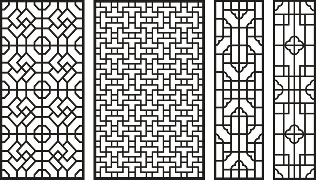 Intricate black and white geometric jali patterns with symmetrical