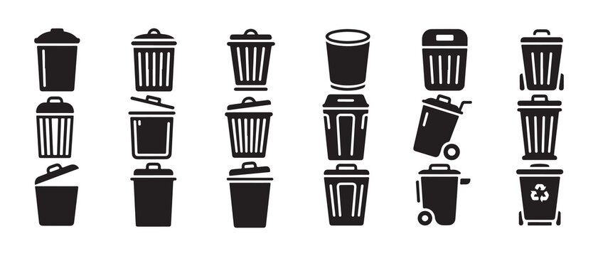 Trash Can and Garbage Bin Icons Set. Waste Bin and Dumpster Collection Flat Icons. Vector illustration eps 10