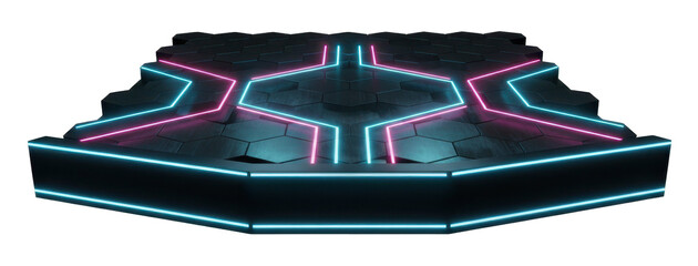 Sci Fi Hexagon Podium With Neon Light 3D features dark metal platform with pink and blue glowing edges for product display or gaming background.