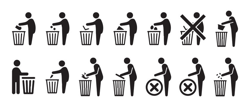 Trash Disposal Instruction Icons Set, No Littering Public Sign Icons, Garbage Bin Usage Stick Figure Symbols, Waste Management Do and Don&rsquo;t Icon Set. Vector illustration eps 10