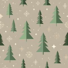 Obraz premium Seamless pattern of minimalist green Christmas trees and snowflakes on a neutral background