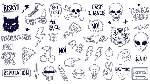 Rebellious Grunge Sticker Patches Collection Y2K Style Pop Art Vector Illustration Doodle Set