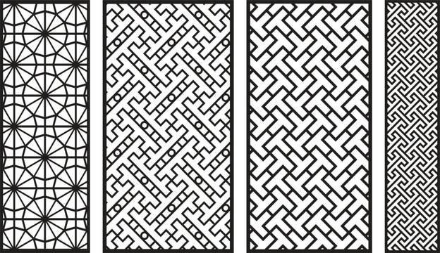 Black and white geometric jali patterns with intricate lattice 1