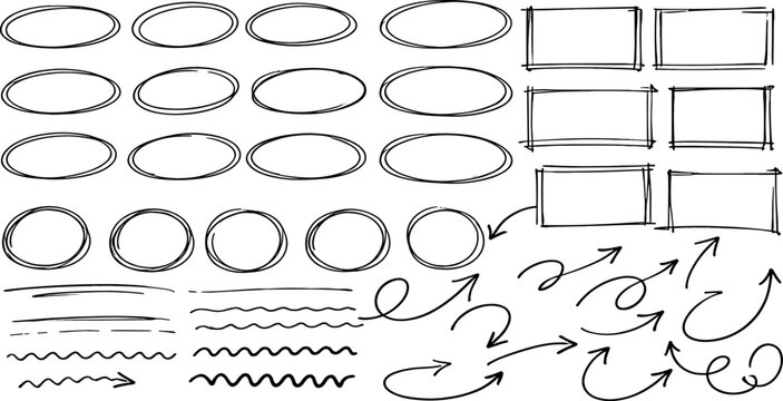 Hand drawn doodle underline and emphasis marks collection with arrows and brush strokes. Sketchy highlight elements isolated for notes, messages, presentations and modern graphic design.