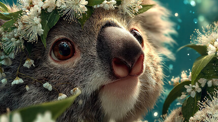 Naklejka premium Close-up of a sloth peeking through white flowers in lush green foliage