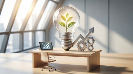 Sprouting Idea on Desk with Growth Chart and Gears in Bright Office