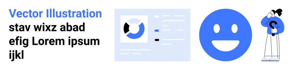 Fototapeta premium Business analysis, communication, positivity, exploration, statistics, data visualization. Elements include a dashboard with charts, a happy face and a figure examining through a magnifier. Business