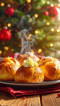 Freshly baked semla buns with whipped cream and almond paste, steaming on a plate with a festive Christmas tree in the background.