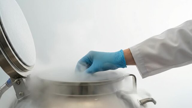 Scientist in lab, gloved hand holds a test tube over a nitrogen tank for cryopreservation, showing samples for research