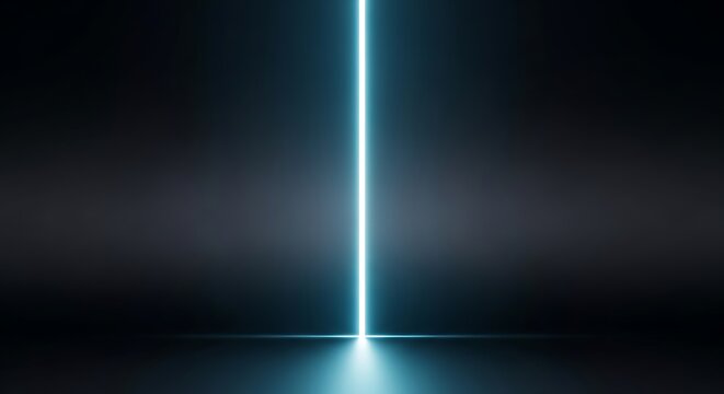 Luminous neon blue light pillar illuminating dark empty abstract room space