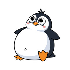 Obraz premium Cute fat penguin character sitting on white background with big expressive eyes and small orange beak for nursery wall art and stickers featuring round body and tiny black wings and feet