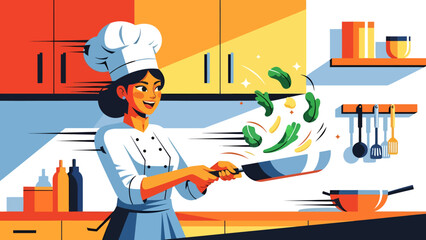 Professional female chef in white uniform tossing fresh green vegetables in frying pan inside modern commercial kitchen featuring bright colors and motion effects for culinary master class
