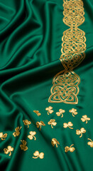 Wrinkled, green fabric with golden Celtic knot and shamrock embellishments, representing Irish culture, luck, and St Patrick's Day theme