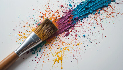 Obraz premium Makeup brush stained with dried paint on a white surface creating a colorful splash