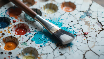 Obraz premium Makeup brush resting in a cracked palette with vibrant colors 