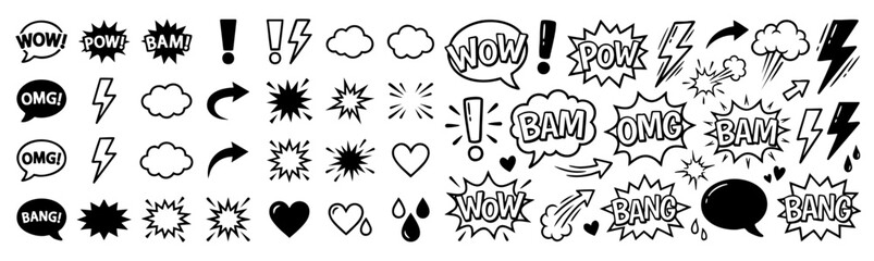 Comic boom cartoon effect line element set. Comic speech bubble pow, boom text, explosive splash smoke, wow cartoon vector icon. Hand drawn sketch doodle explosive element. Vector illustration. © Sabbir Rahman Sadid
