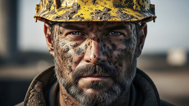 Close-up of a determined worker wearing a hard hat, face smudged with dark grime