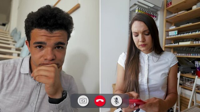 A man sits at home looking bored during a split screen online call. The woman on the other side appears distracted and disinterested in the conversation.